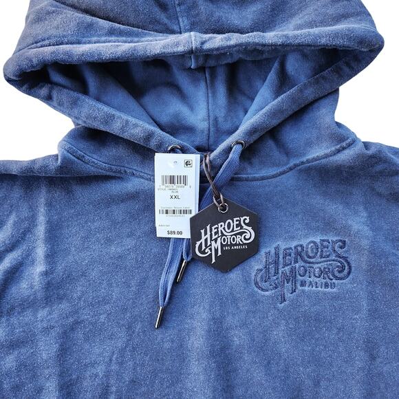 Heroes Motors Men Washed Navy Cotton Terry Pullover Kangaroo Hoodie Size XXL - Picture 3 of 5